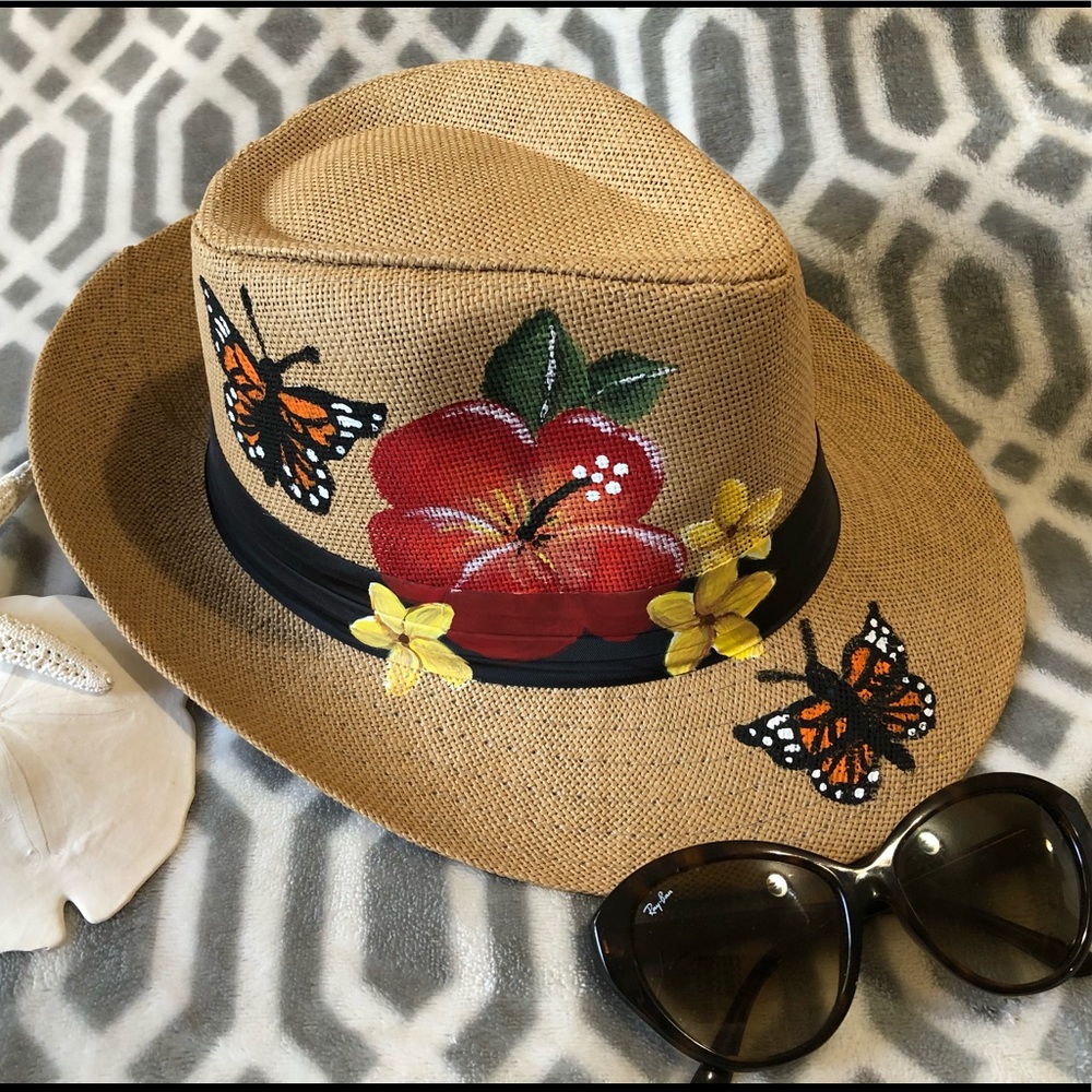 Hand painted Panama hat - butterflies and flowers